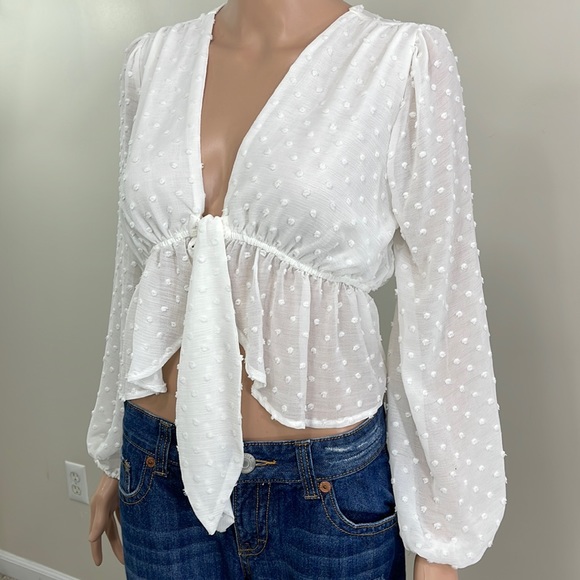 TCEC Dobby Mesh Tie Front Peplum Top - Picture 7 of 16